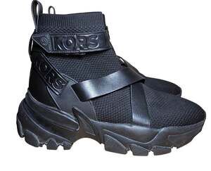 Michael Kors Nick Leather Strap Knit Trainer High Top Black Optic US W 10-10.5